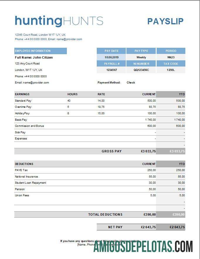 Imprimível Modelo de recibo de pagamento da Hunting Company em formatos Excel e PDF